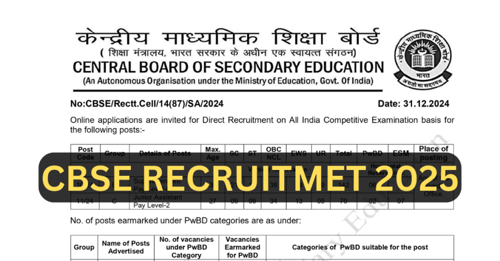 CBSE Superintendent And Junior Assistant Recruitment 2025 Apply Soon Before Last Date